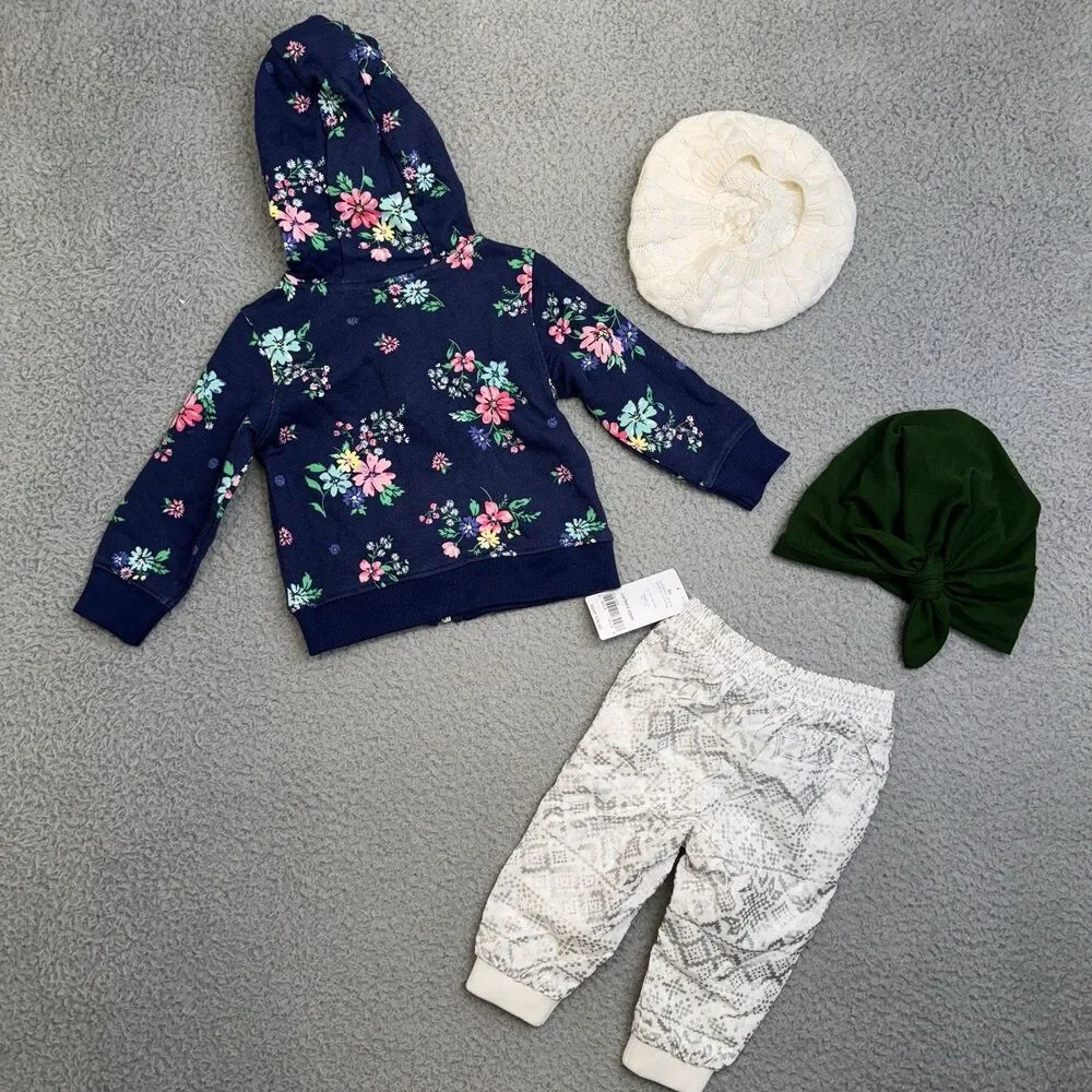 Carters Bundle Baby Girl 9 Months Cat Graphic Outfit Sweater Hats Footed Pajama